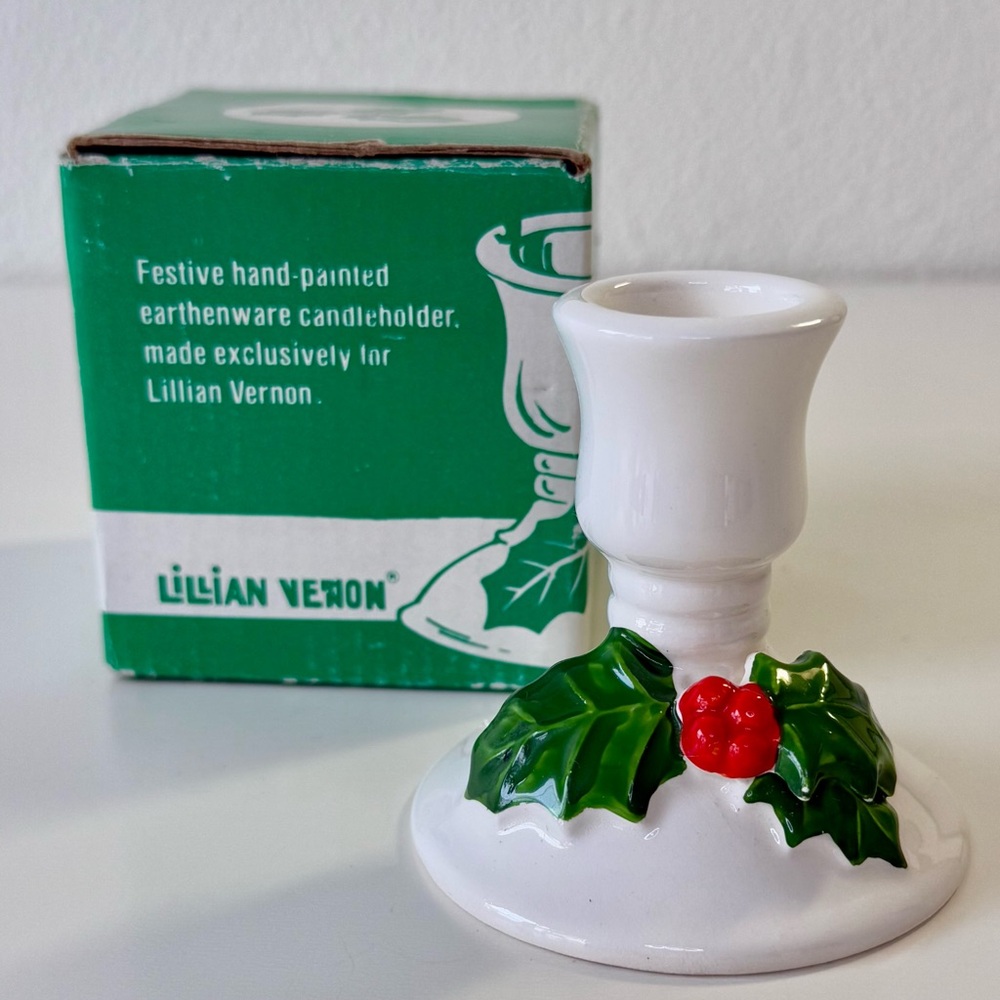 Vintage Lillian Vernon Holly Berry Candle Holder Earthenware Hand Painted In Box